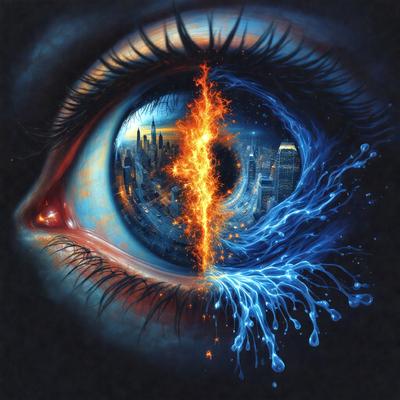 The primary subject of the image is a close-up of an eye, with a cityscape visible through the pupil. The setting is a city, and the visual style is a combination of a photo and digital art. The colors and mood of the image are predominantly blue, with a sense of depth and intrigue.